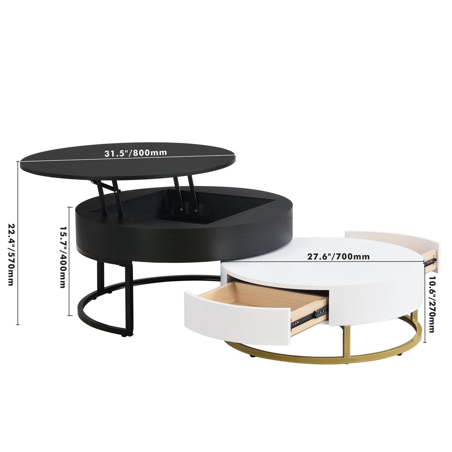 Tables basses empilables rondes modernes avec plateau relevable et tiroirs