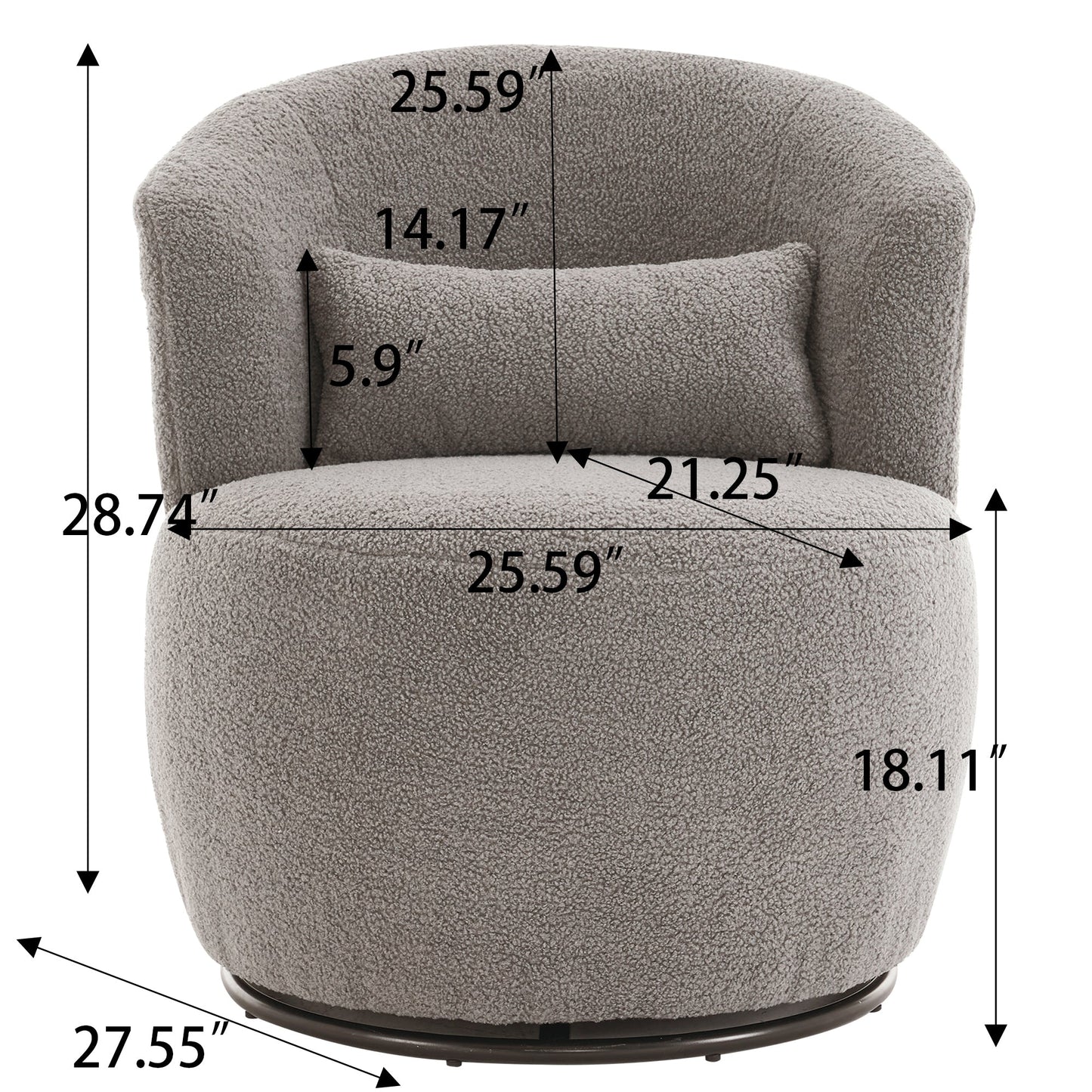 Grey Plush Swivel Accent Chair - Contemporary Round Armchair with 360° Rotation and Metal Base for Living Room Elegance - Korvel