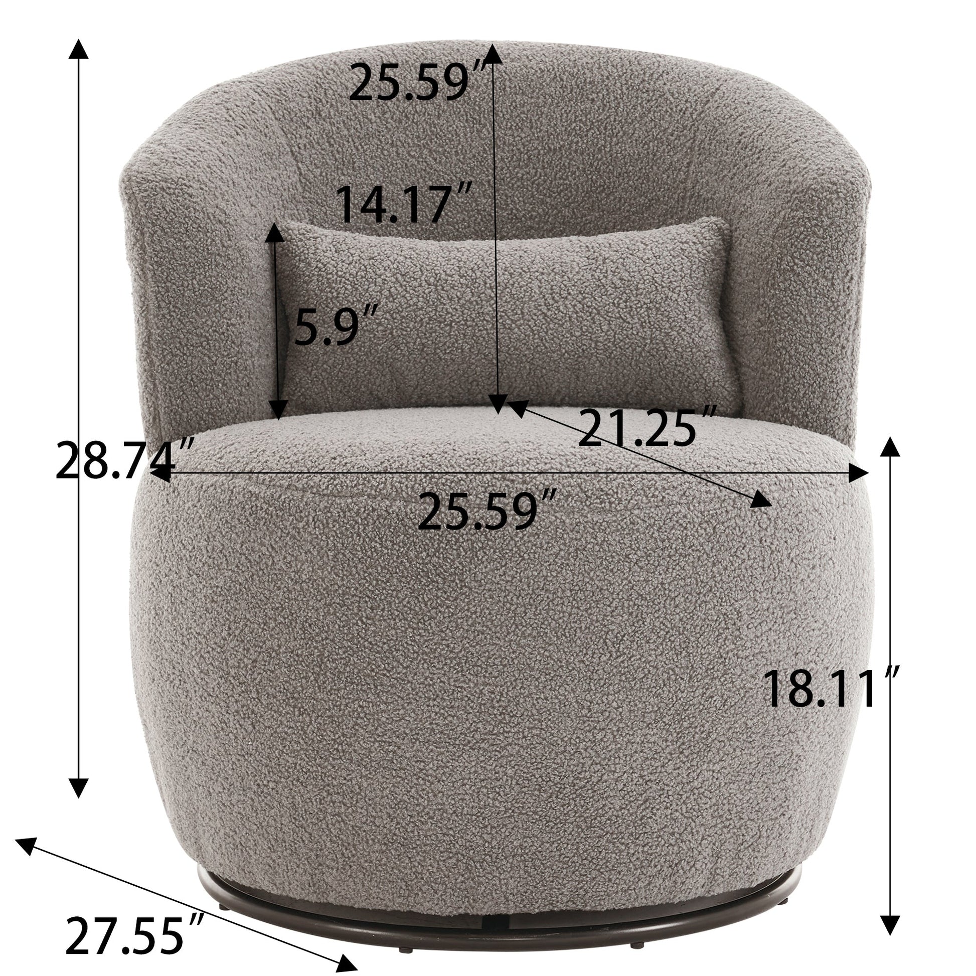 Grey Plush Swivel Accent Chair - Contemporary Round Armchair with 360° Rotation and Metal Base for Living Room Elegance - Korvel