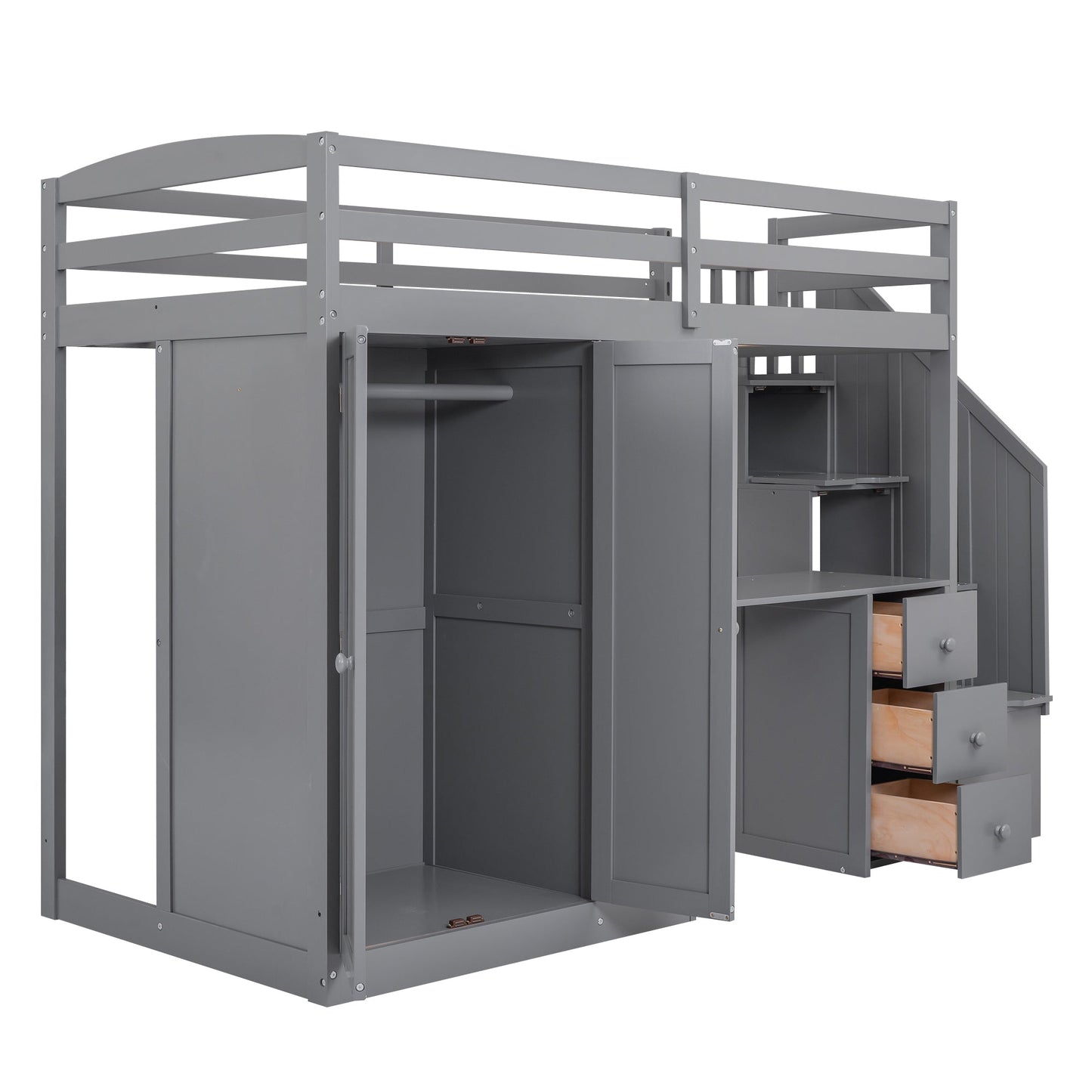 Cama loft tamaño twin con armario y almacenamiento en gris