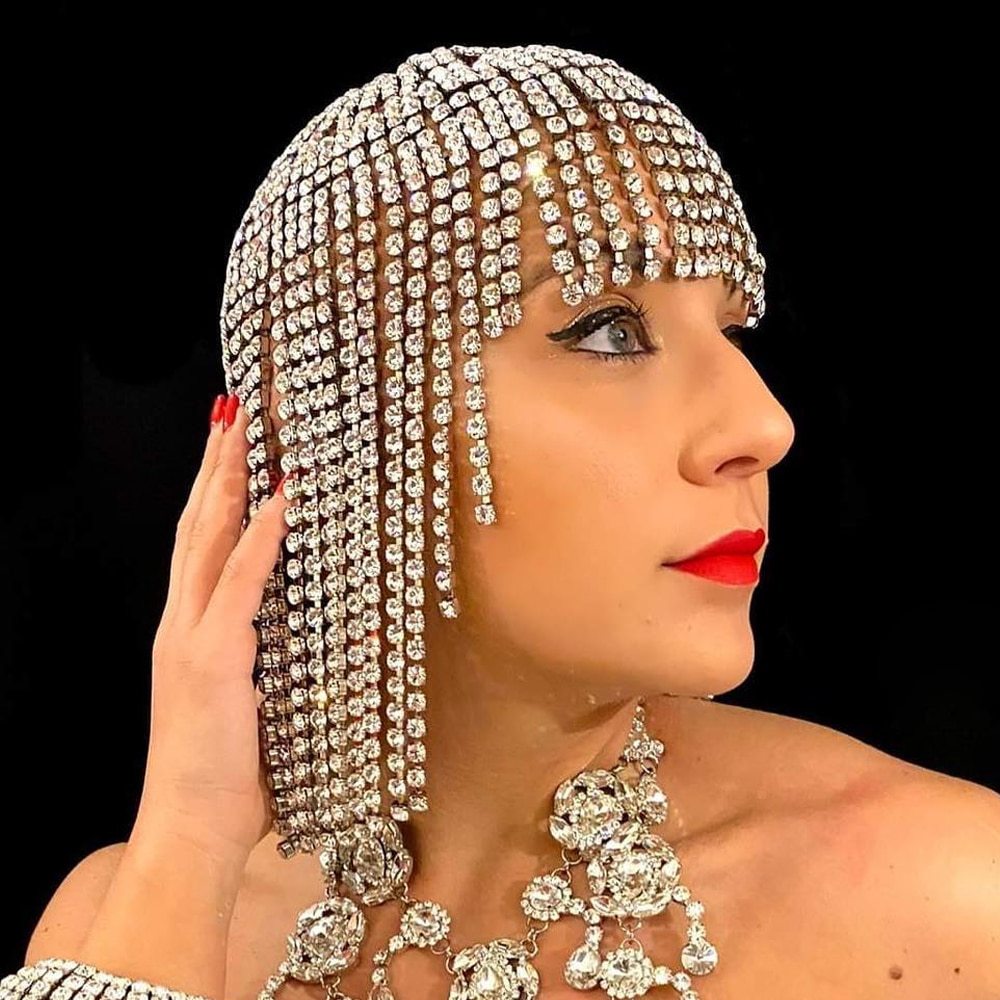 Big diamond tassel headwear water diamond full diamond temperament ethnic style hat - Korvel