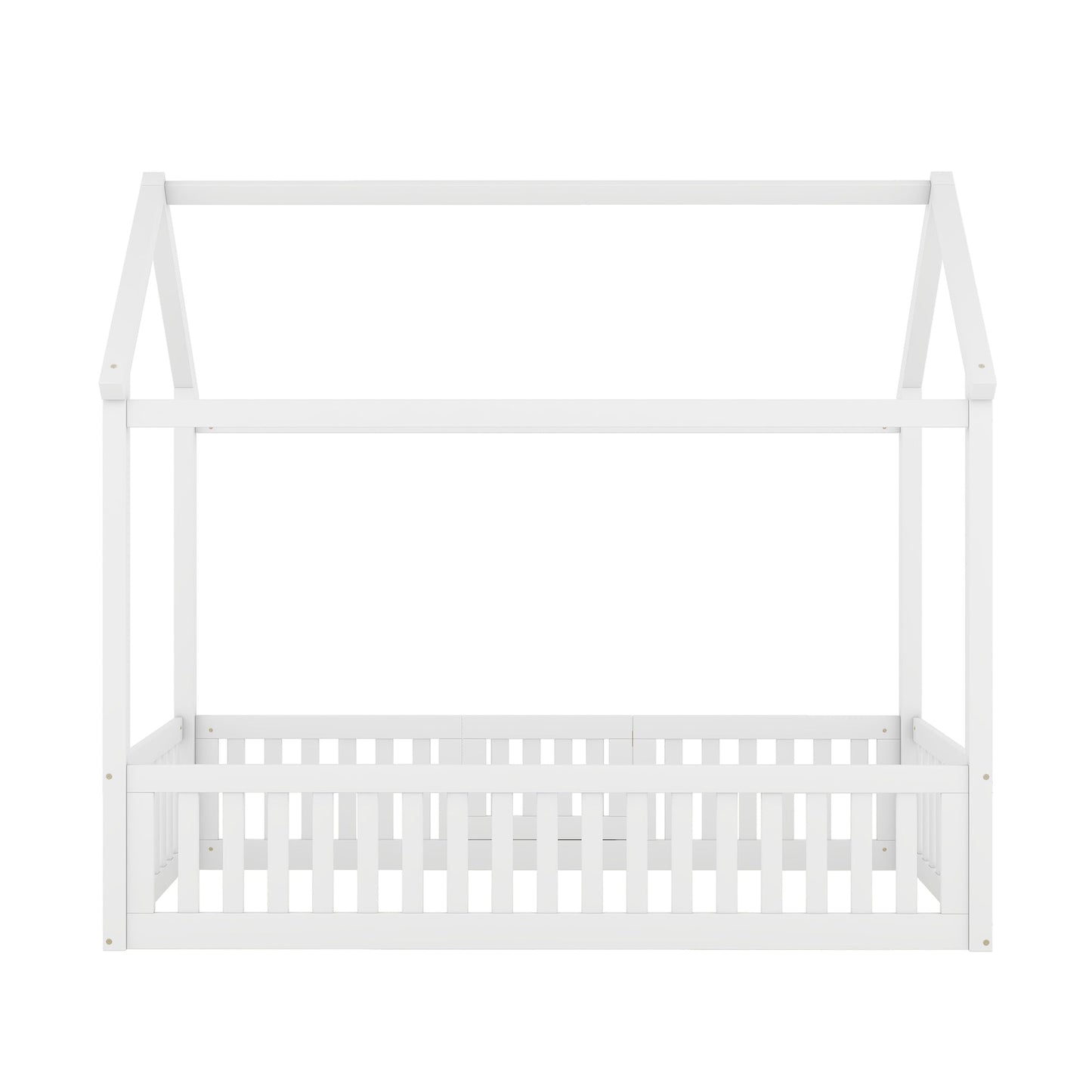 Twin Size Wood House Bed with Fence and Door, White - Korvel