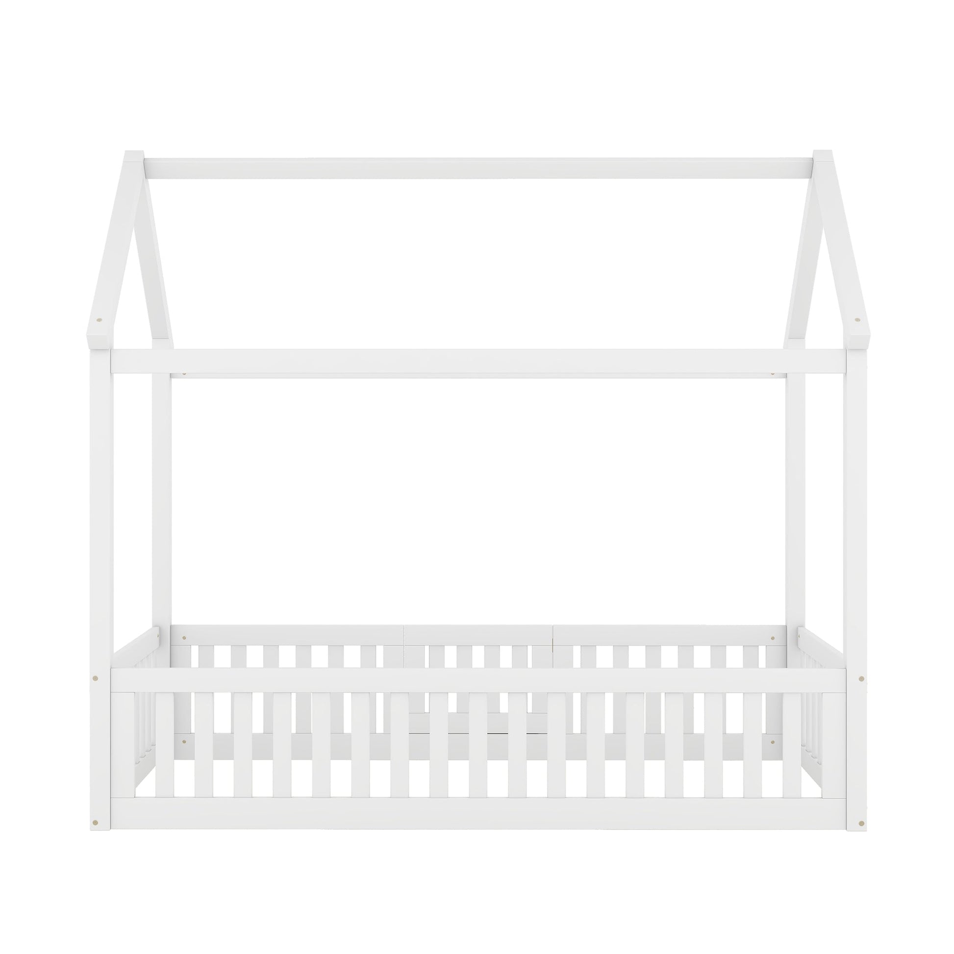 Twin Size Wood House Bed with Fence and Door, White - Korvel