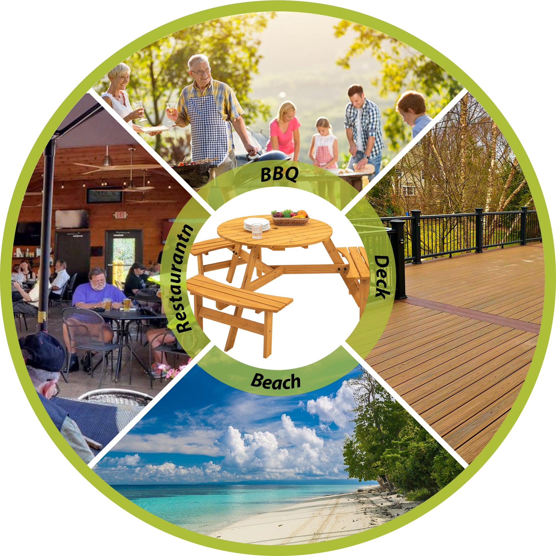 6-Person Circular Outdoor Wooden Picnic Table for Patio, Backyard, Garden, DIY w/ 3 Built-in Benches, 1720lb Capacity - Natural - Korvel