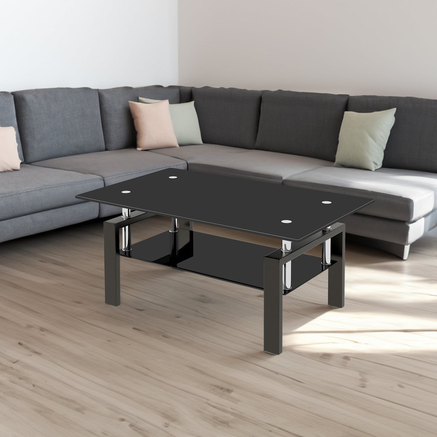 Black Tempered Glass Coffee Table, 2 Layer Storage Tea Table - Korvel
