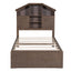 Twin Size Wood Platform Bed with House-shaped Storage Headboard and 2 Drawers Walnut - Korvel