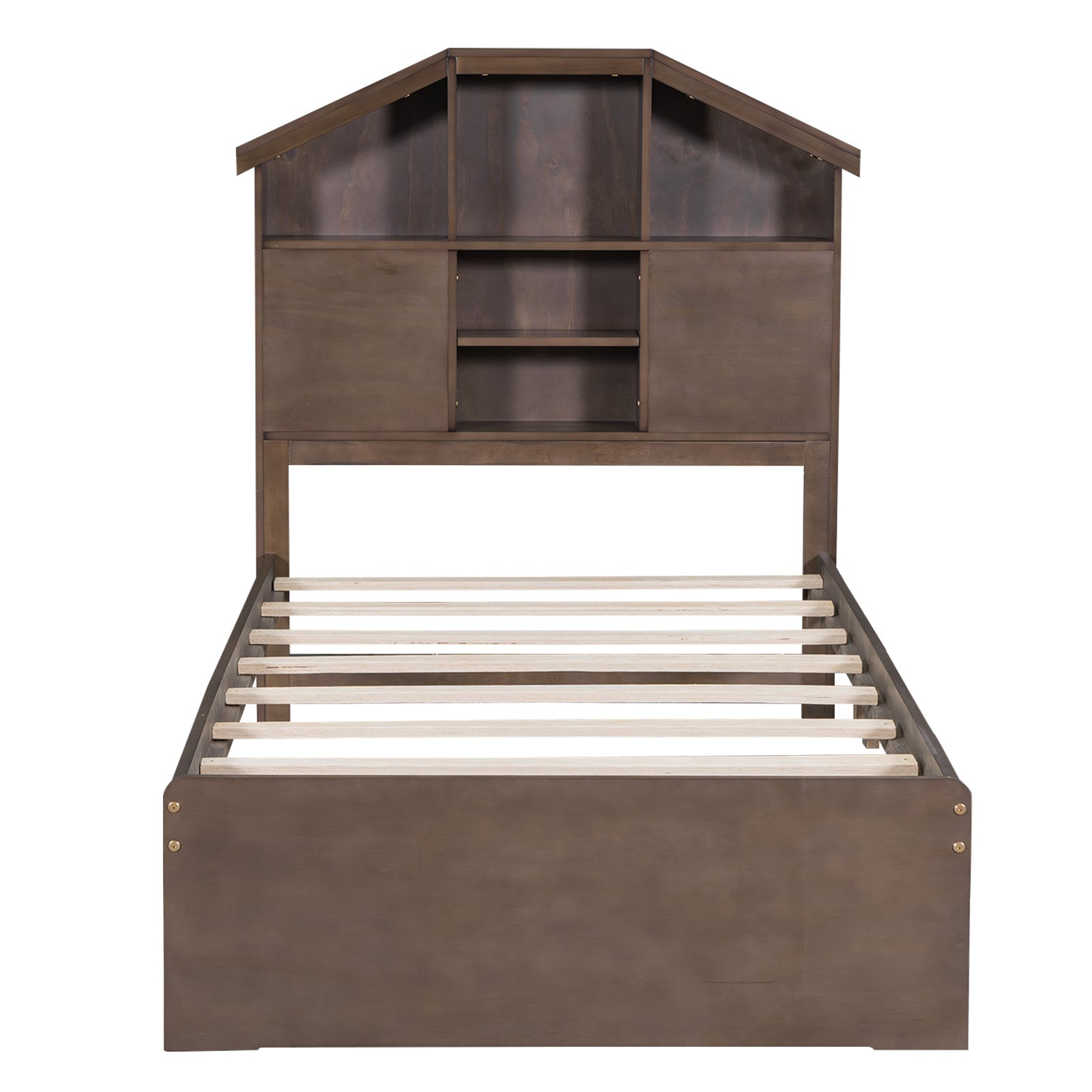 Twin Size Wood Platform Bed with House-shaped Storage Headboard and 2 Drawers Walnut - Korvel