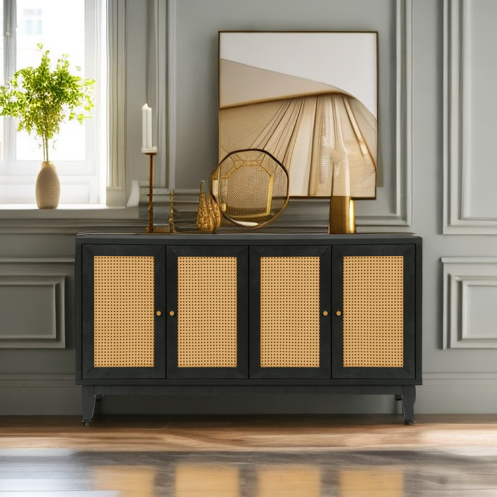 Handcrafted Premium Grain Panels Rattan Sideboard Buffer Cabinet Accent Storage Cabinet With 4 Rattan Doors BLACK - Korvel