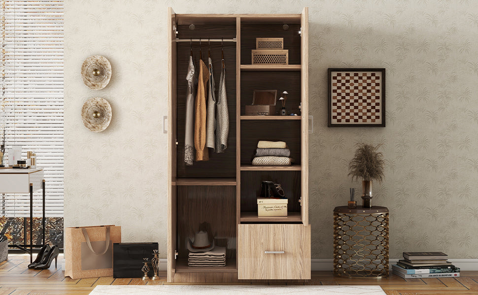 Wooden Wardrobe with Double Doors, Armoire with Hanging Rod, 5 Fixed Shelves, One Storage Drawer,Natural - Korvel