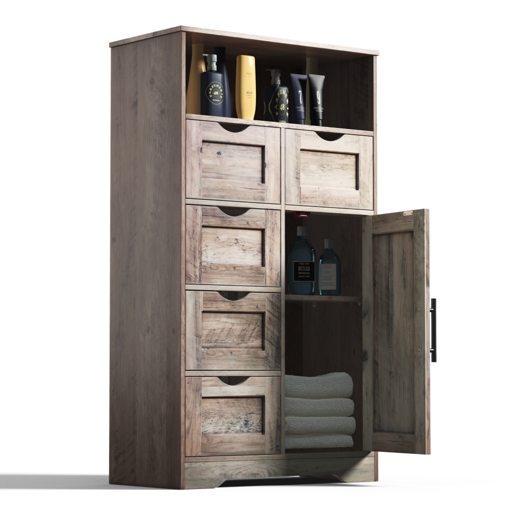 5 Drawers Storage Cabinet with Adjustable Shelves, Bathroom Cabinet with Doors, Floor Cabinet for Living Room Grey - Korvel