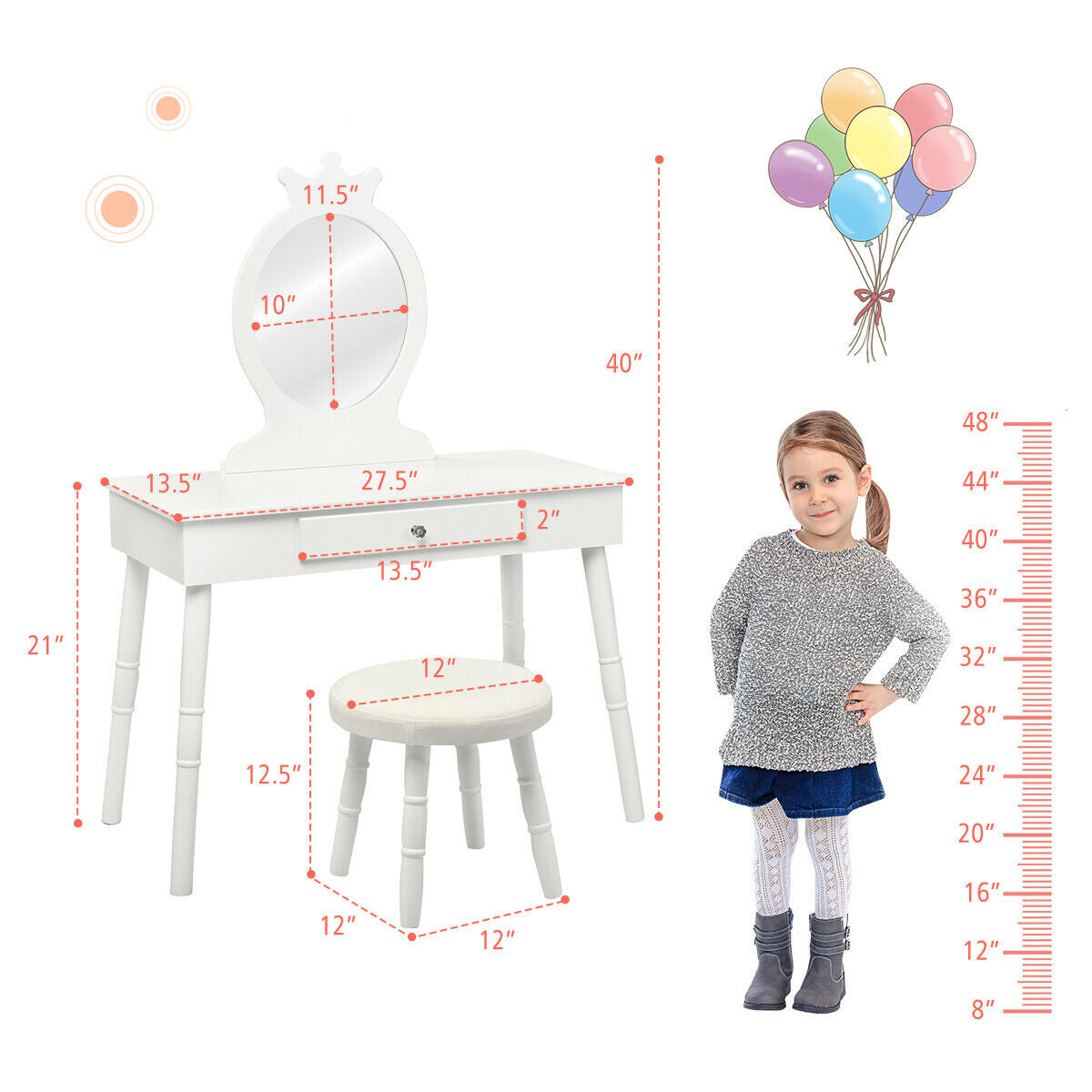 Kids Vanity Makeup Table & Chair Set - White