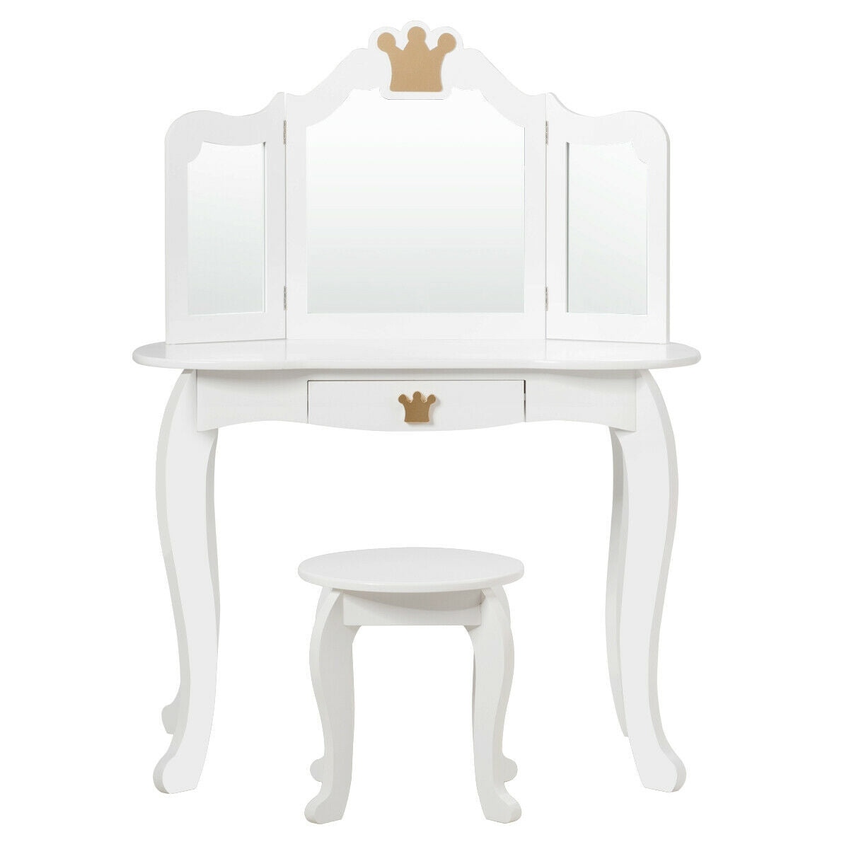 Kids Makeup Dressing Table with Tri-fold Mirror and Stool - White
