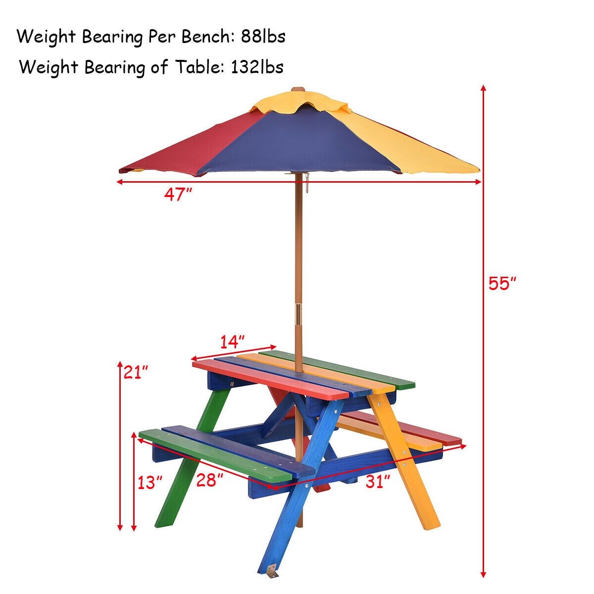 4 Seat Kids Picnic Table with Umbrella - Multicolor