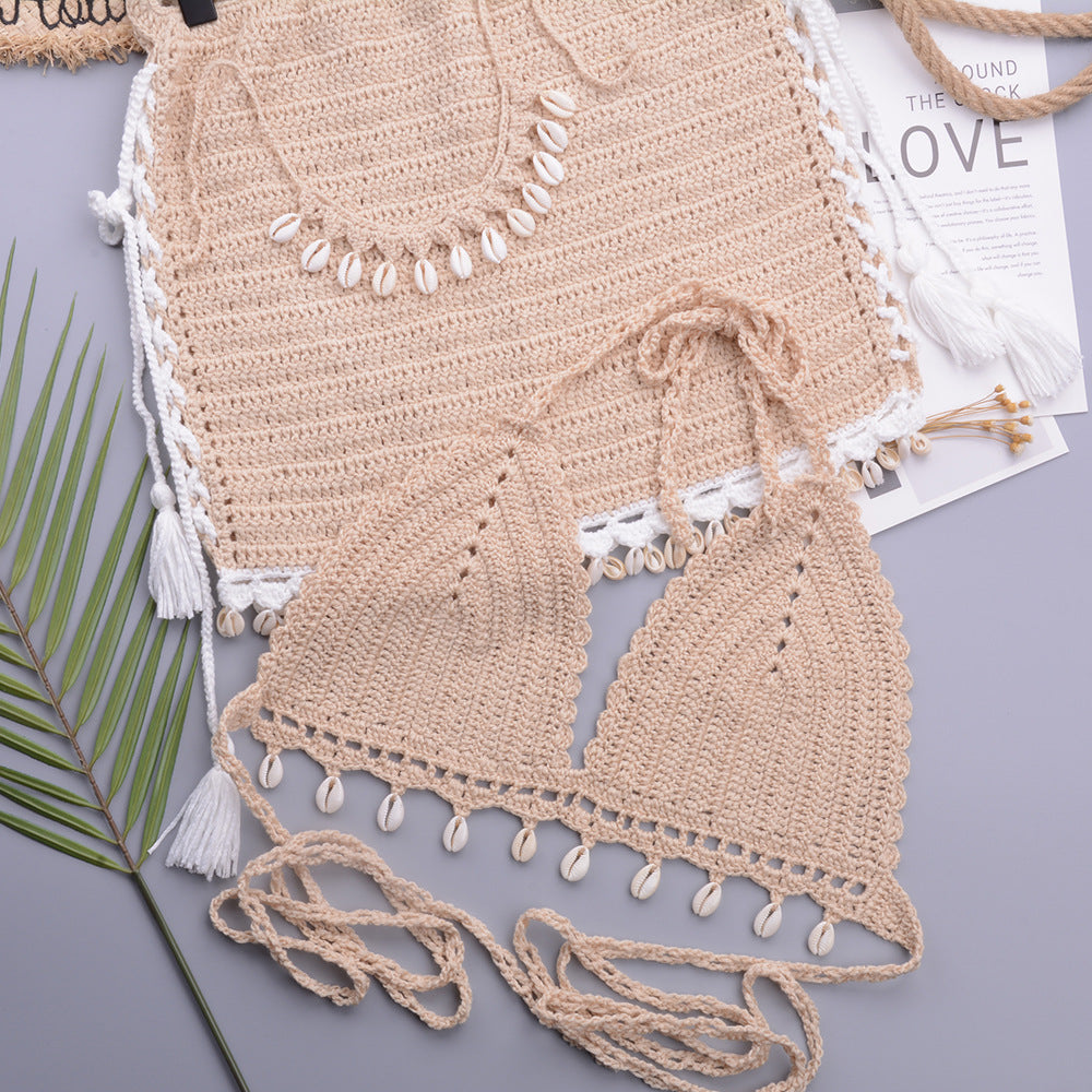 Ensemble de bikini à franges en crochet avec jupe de plage