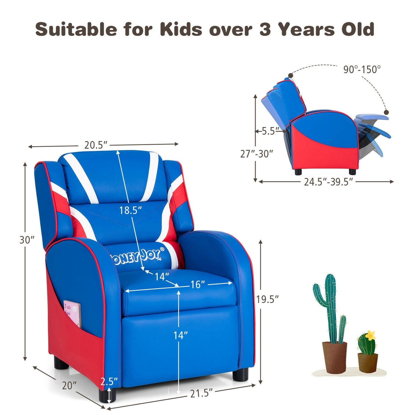 Fauteuil inclinable en cuir pour enfants avec poches latérales - Bleu