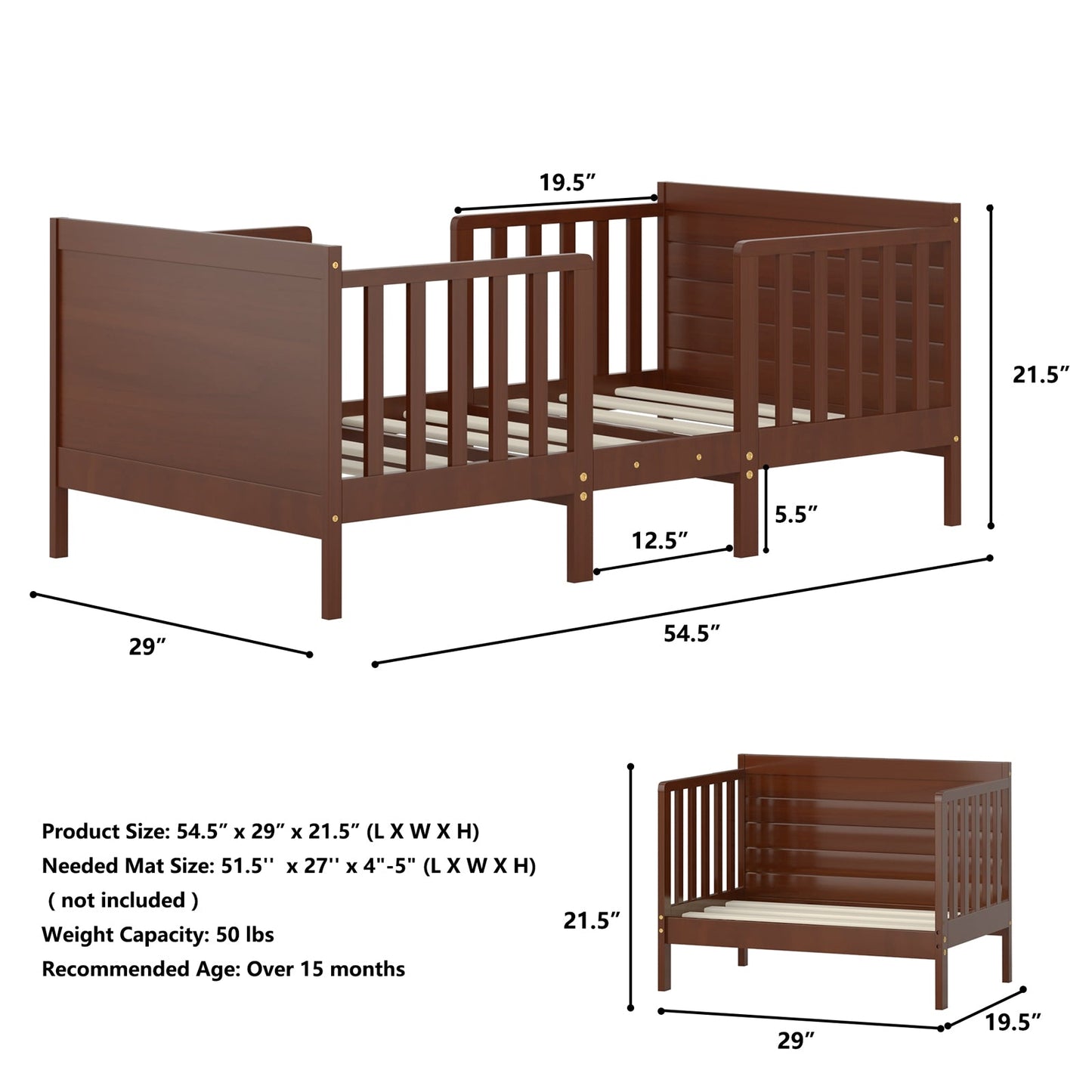 2-in-1 Convertible Kids Wooden Toddler Bed with Guardrails - Brown