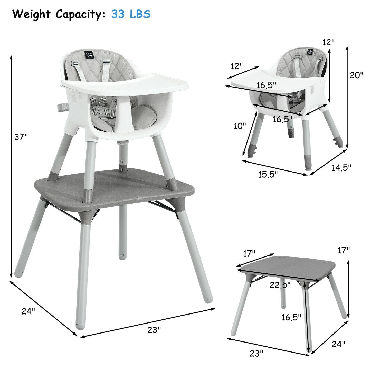 Ensemble de table et chaise convertible 4-en-1 pour bébé - Gris