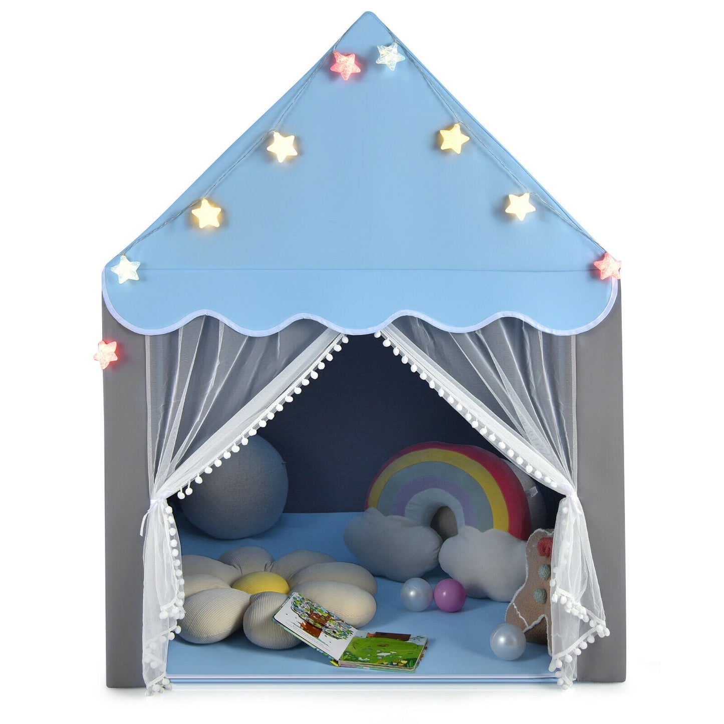 Kids Playhouse Tent with Colorful Star Lights and Mat - Blue