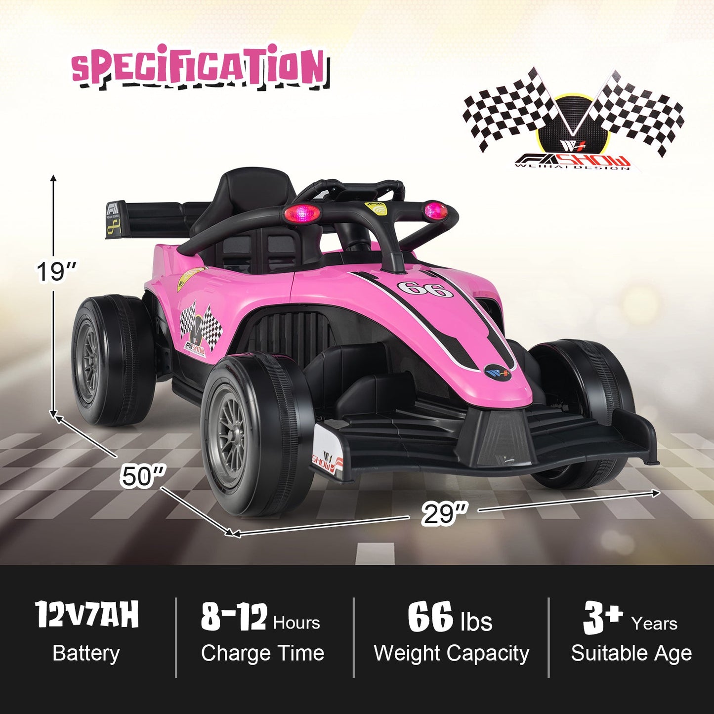 12V Kids Electric Formula Racing Car with Remote Control - Pink