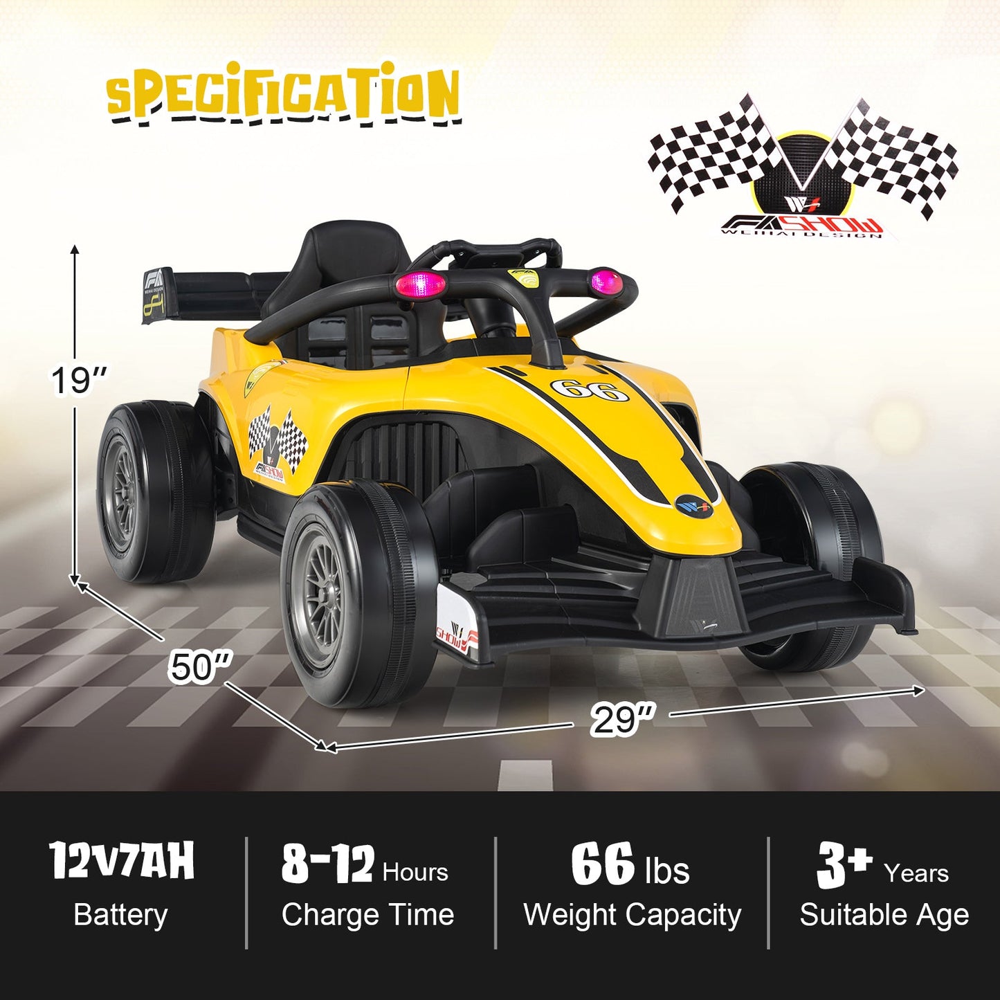 12V Kids Electric Formula Racing Car with Remote Control - Yellow