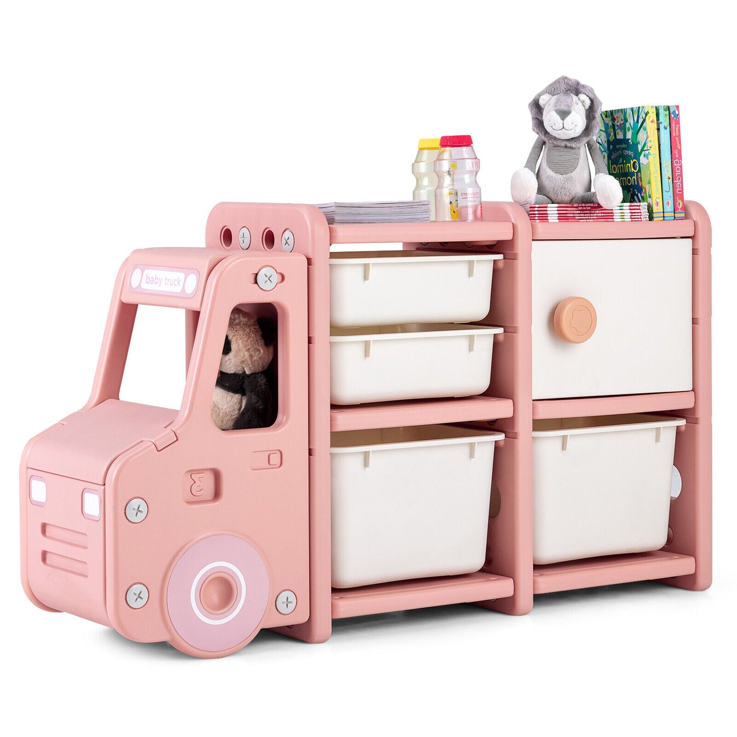 Toddler Truck Storage Organizer with Plastic Bins - Pink