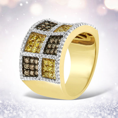 Bague en Or Jaune 14KT avec Diamants Champagne et Jaunes