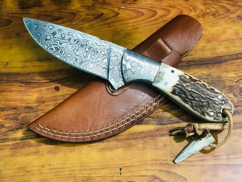 Premium Handmade Deer Skinning Knife - Raindrops Damascus Steel with Antler Handle, 8.5-inch - Korvel
