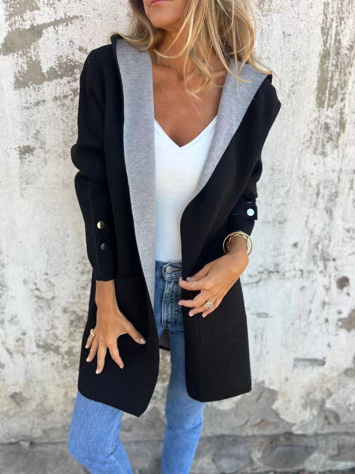 Manteau Cardigan Contrast Élégant pour Femmes avec Capuche