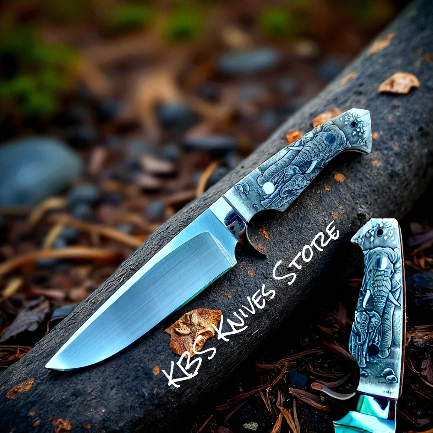Custom Scrimshaw Hunting Knife – 11" D2 Steel Blade with Unique Camel Bone Handle & Leather Sheath - Korvel