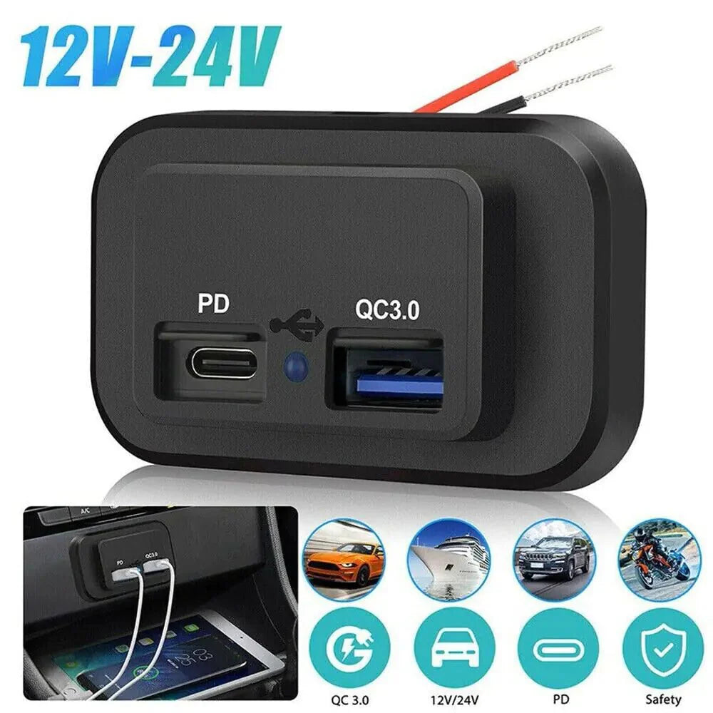 Cargador de coche dual USB PD QC3.0 12-24V 4.8A con salida de potencia LED