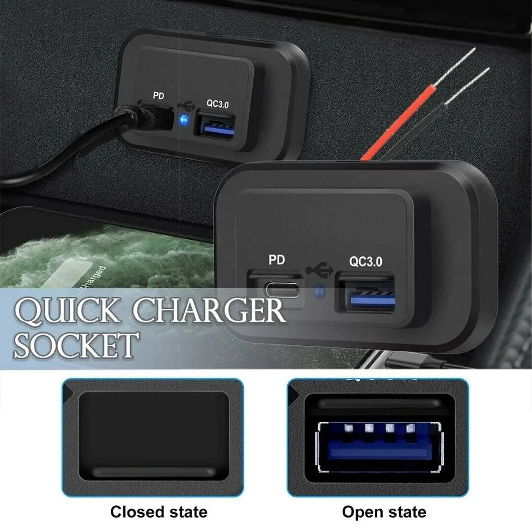 Cargador de coche dual USB PD QC3.0 12-24V 4.8A con salida de potencia LED