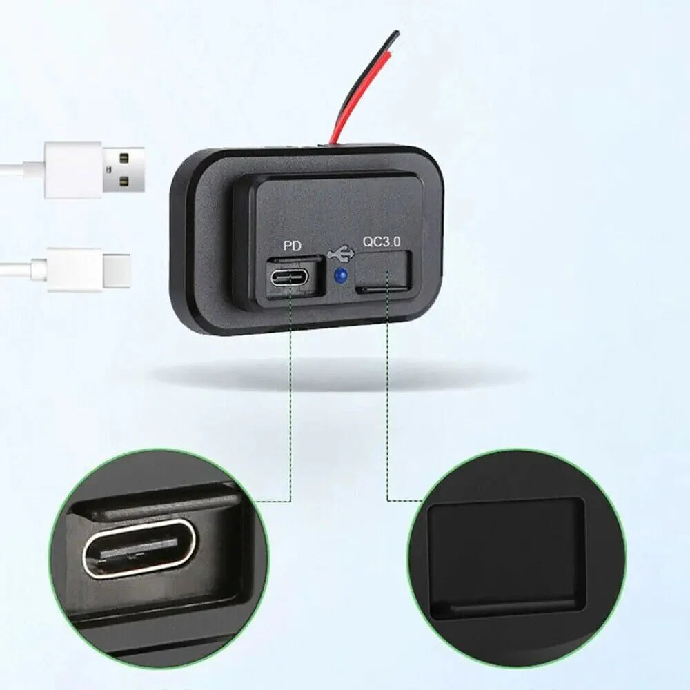 Cargador de coche dual USB PD QC3.0 12-24V 4.8A con salida de potencia LED