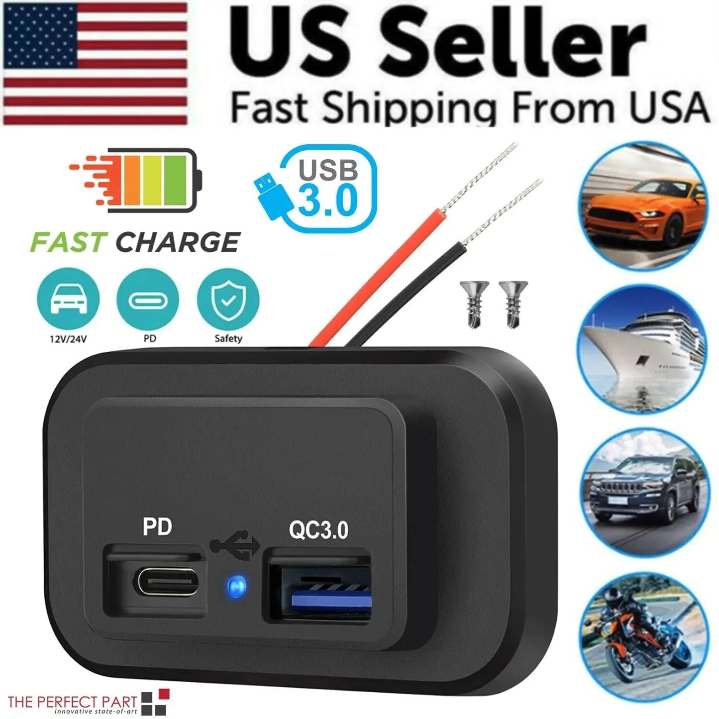 Cargador de coche dual USB PD QC3.0 12-24V 4.8A con salida de potencia LED