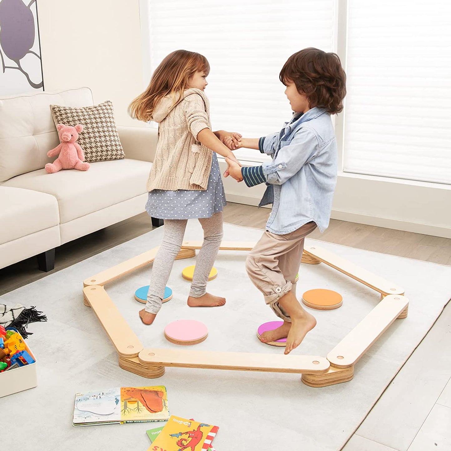 12-Piece Kids Wooden Balance Beam Set with Colorful Stepping Stones