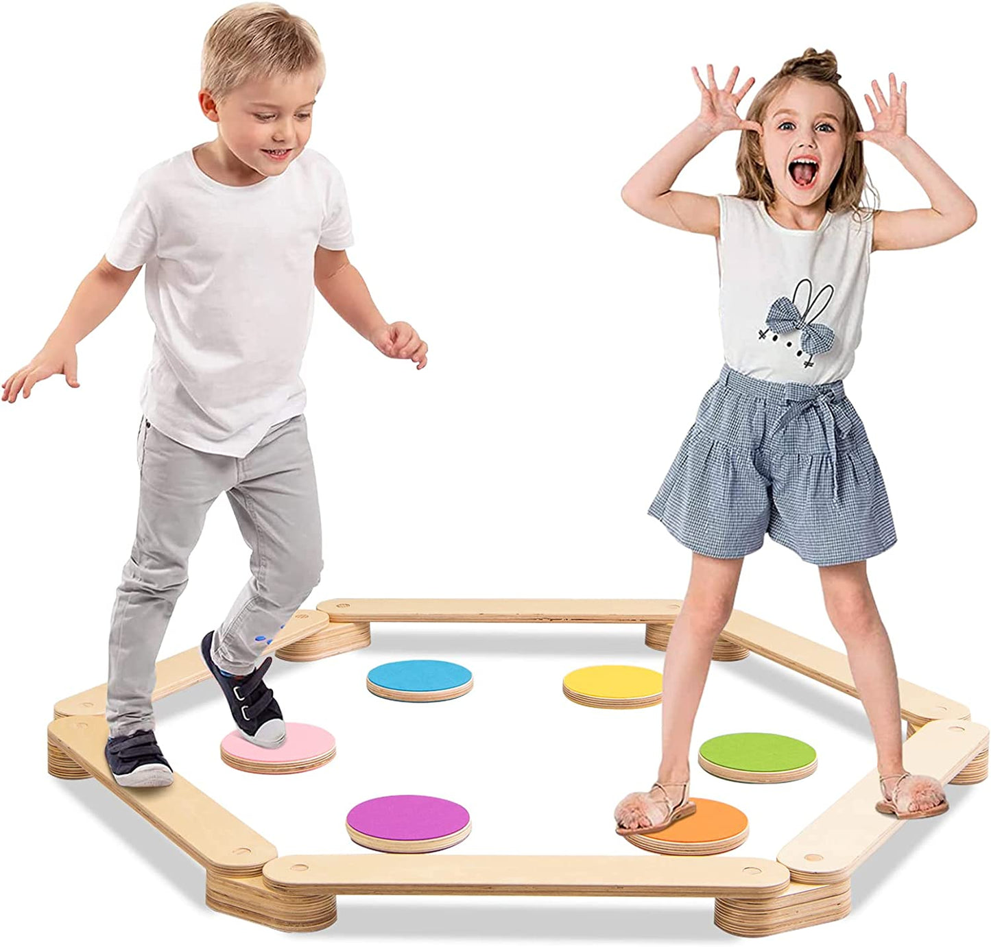12-Piece Kids Wooden Balance Beam Set with Colorful Stepping Stones