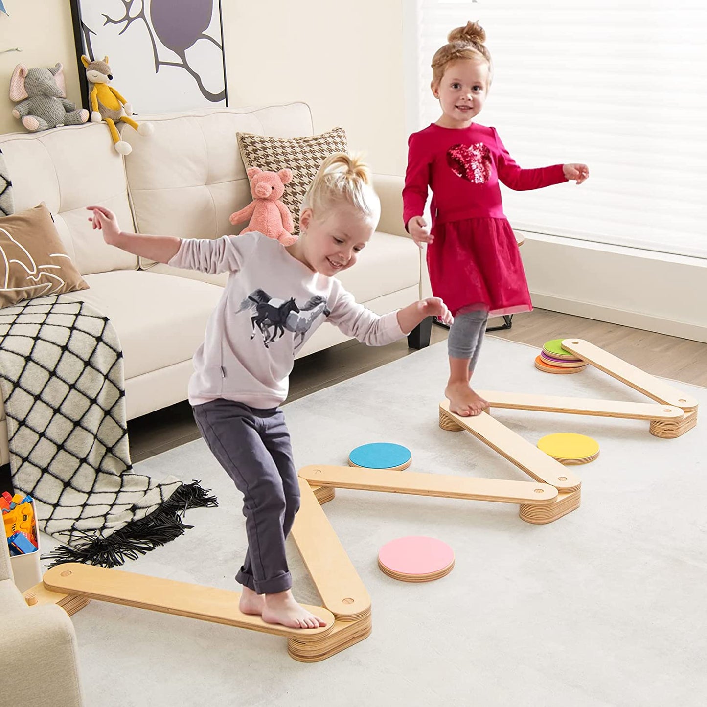 12-Piece Kids Wooden Balance Beam Set with Colorful Stepping Stones