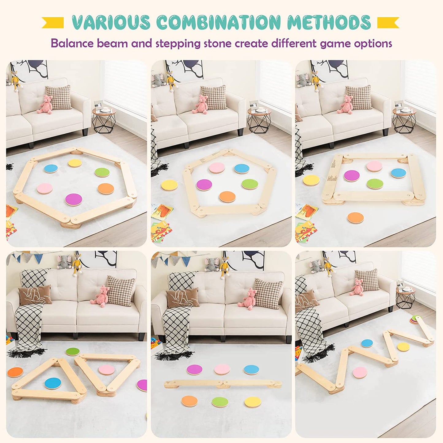 12-Piece Kids Wooden Balance Beam Set with Colorful Stepping Stones
