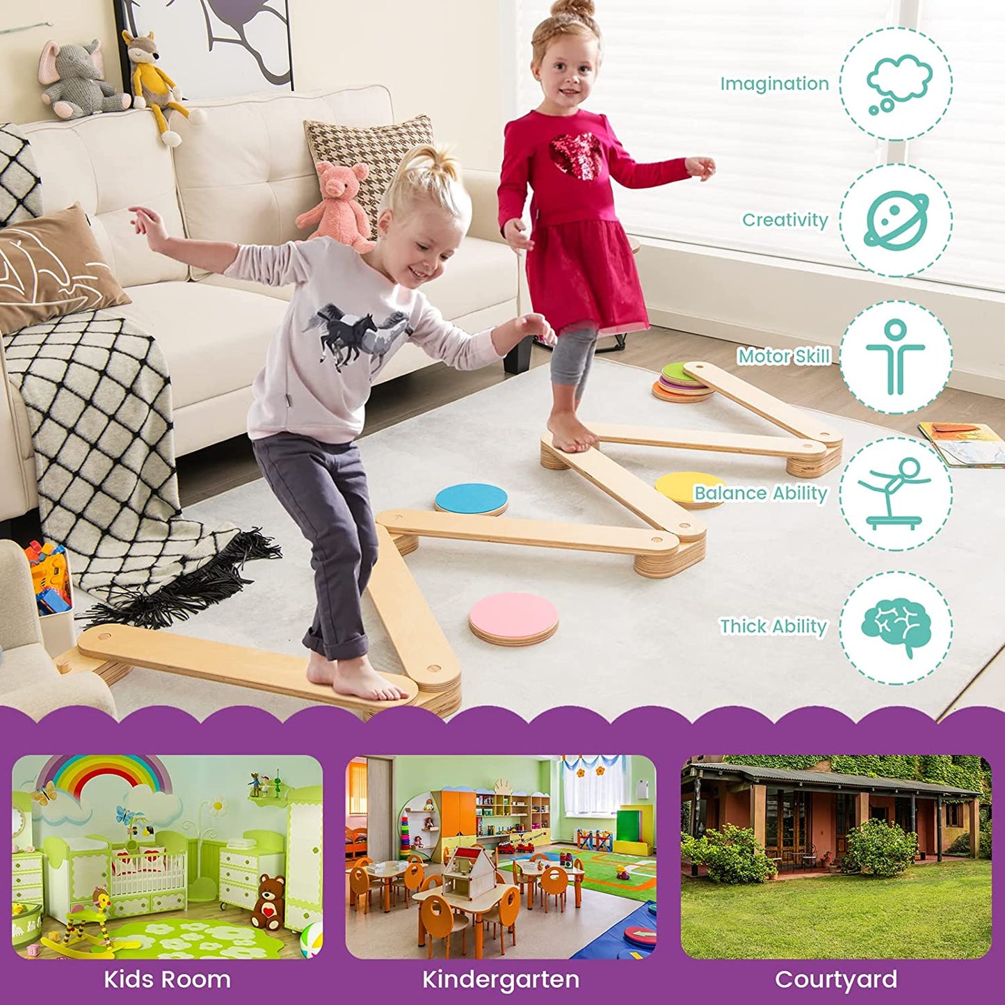 12-Piece Kids Wooden Balance Beam Set with Colorful Stepping Stones