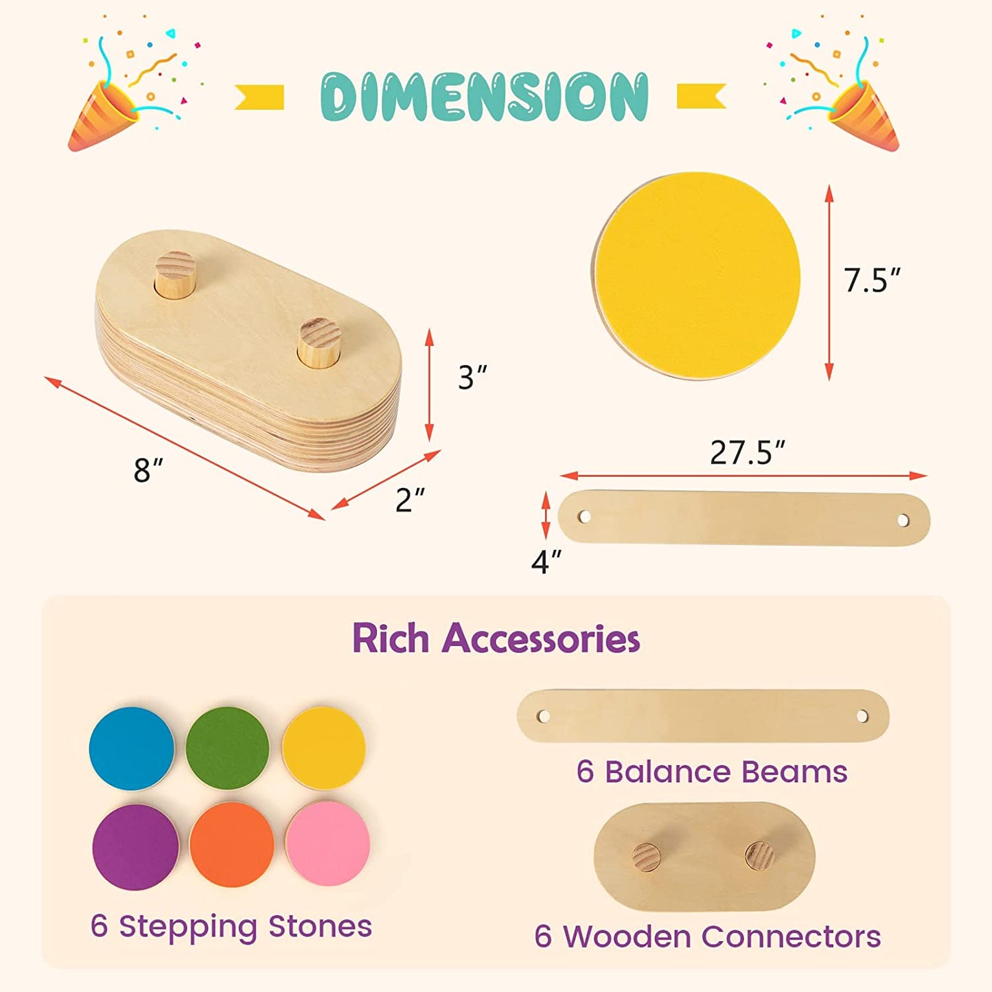 12-Piece Kids Wooden Balance Beam Set with Colorful Stepping Stones
