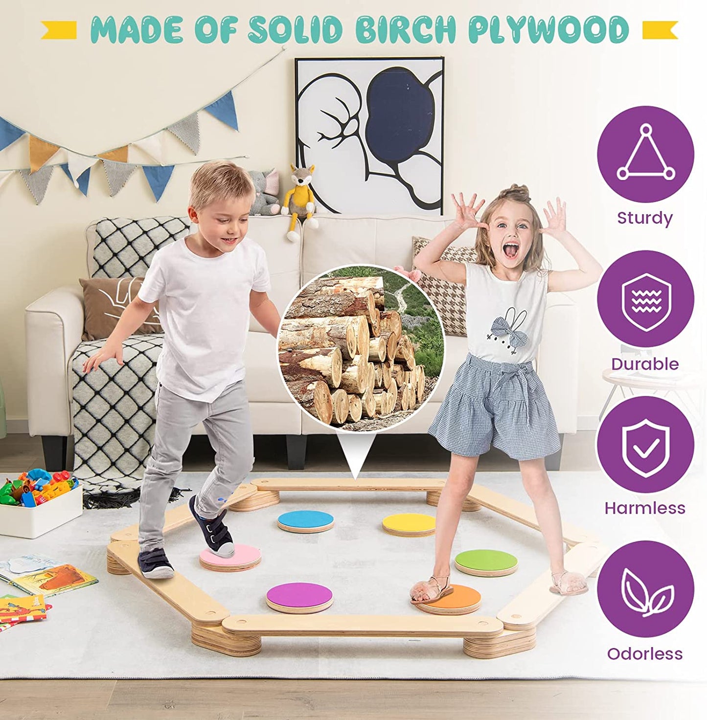 12-Piece Kids Wooden Balance Beam Set with Colorful Stepping Stones