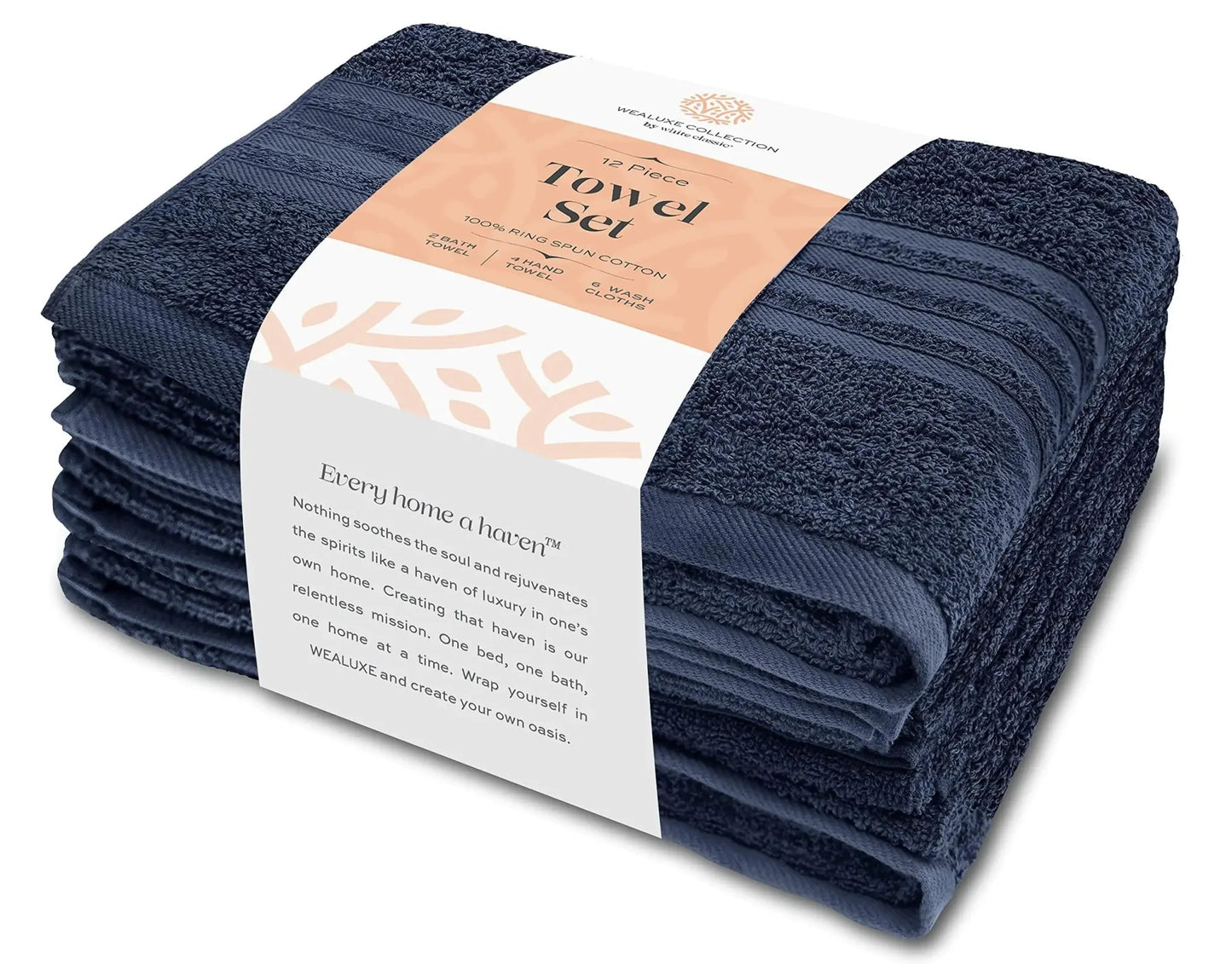 Ensemble de serviettes de bain Wealuxe 12 pièces - 100 % coton, bleu marine