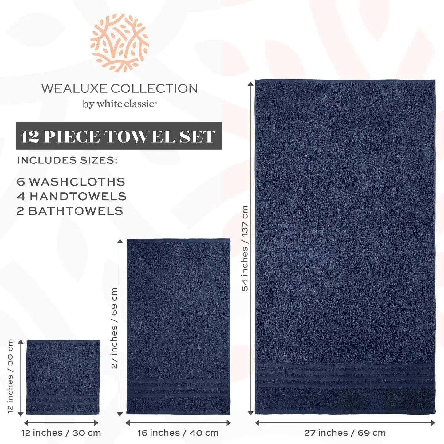 Ensemble de serviettes de bain Wealuxe 12 pièces - 100 % coton, bleu marine