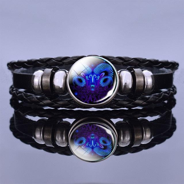 Bracelet en Cuir avec Charms des Signes du Zodiaque - Bangle Multicouche pour Hommes et Femmes