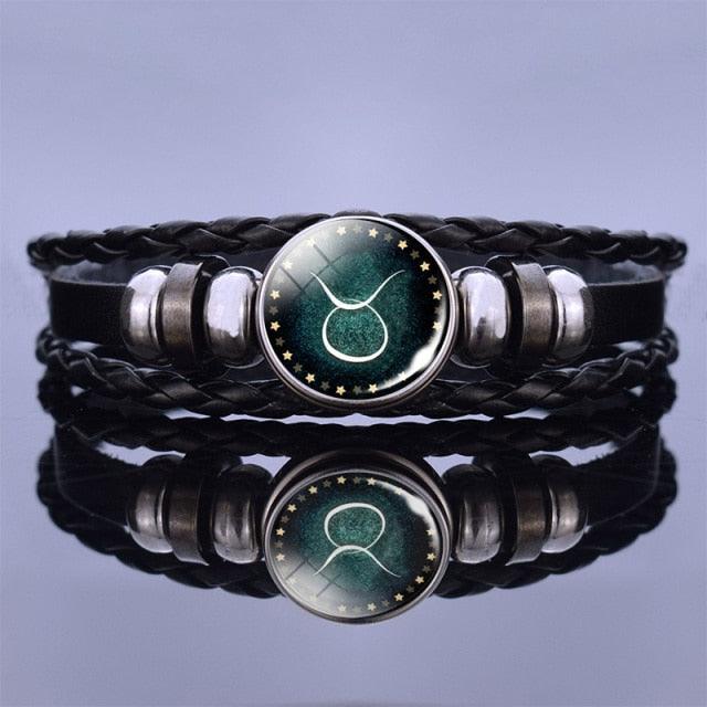Bracelet en Cuir avec Charms des Signes du Zodiaque - Bangle Multicouche pour Hommes et Femmes