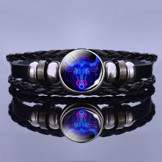 Bracelet en Cuir avec Charms des Signes du Zodiaque - Bangle Multicouche pour Hommes et Femmes