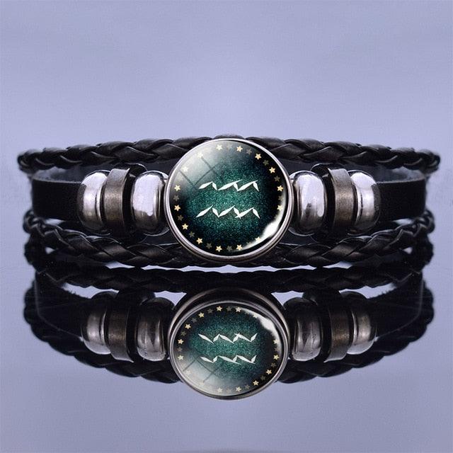 Bracelet en Cuir avec Charms des Signes du Zodiaque - Bangle Multicouche pour Hommes et Femmes