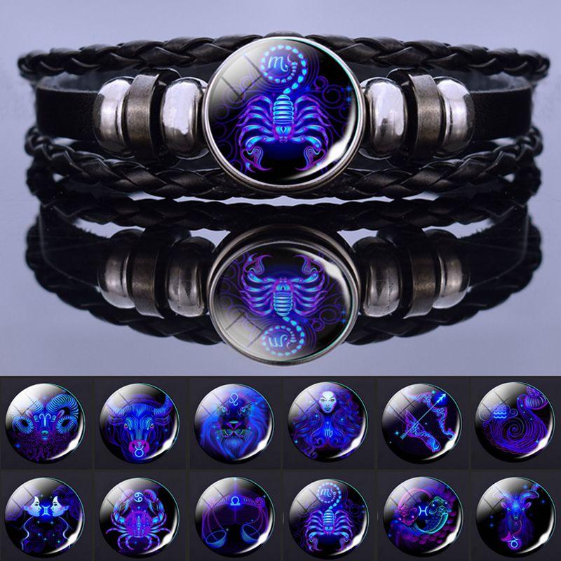 Bracelet en Cuir avec Charms des Signes du Zodiaque - Bangle Multicouche pour Hommes et Femmes