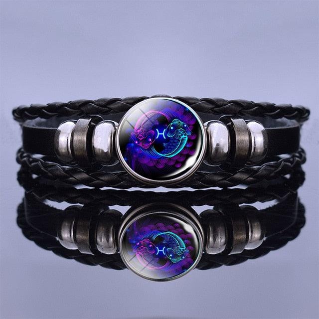 Bracelet en Cuir avec Charms des Signes du Zodiaque - Bangle Multicouche pour Hommes et Femmes