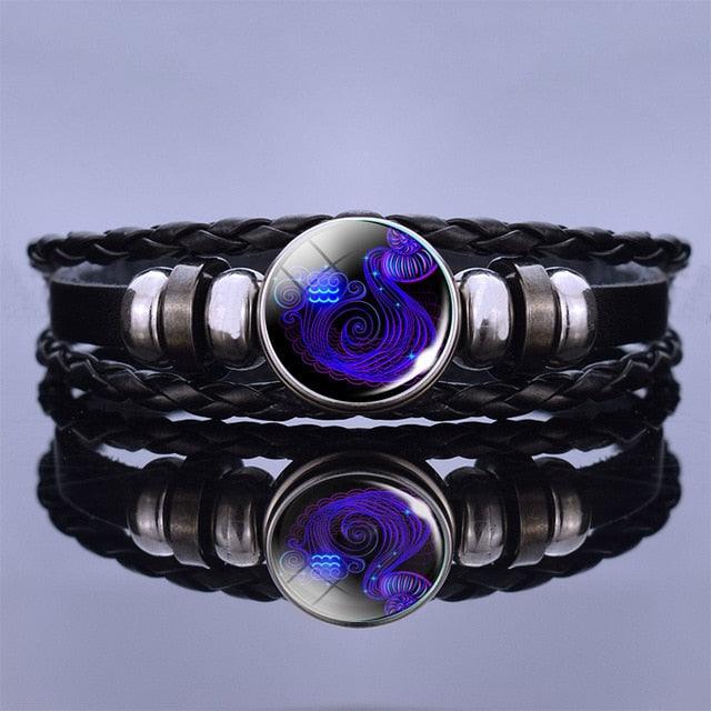 Bracelet en Cuir avec Charms des Signes du Zodiaque - Bangle Multicouche pour Hommes et Femmes