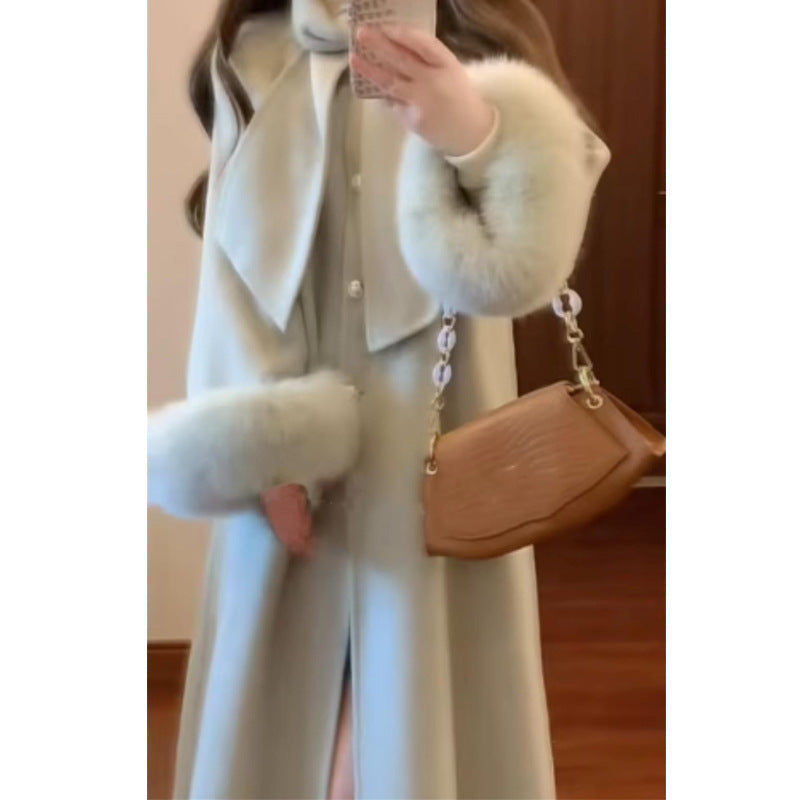 Manteau en laine double face à manches en fourrure pour femmes haut de gamme